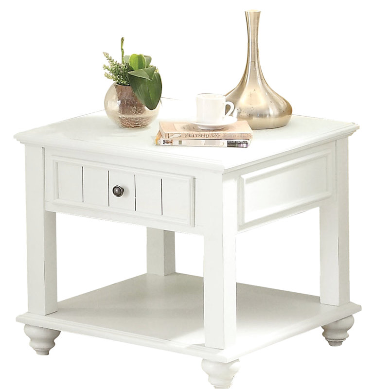 Table de bout carrée en peuplier à pieds carrés avec tiroir et tablette polyvalente