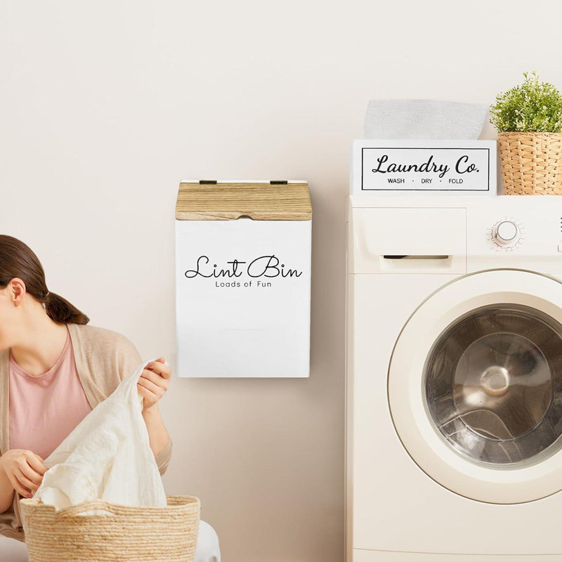 Lint Bin And Dryer Sheet Holder Set For Laundry Room, Farmhouse Wooden Lint Trash Can With Lid And Dryer Sheet Dispenser Box Magnetic For Mounting