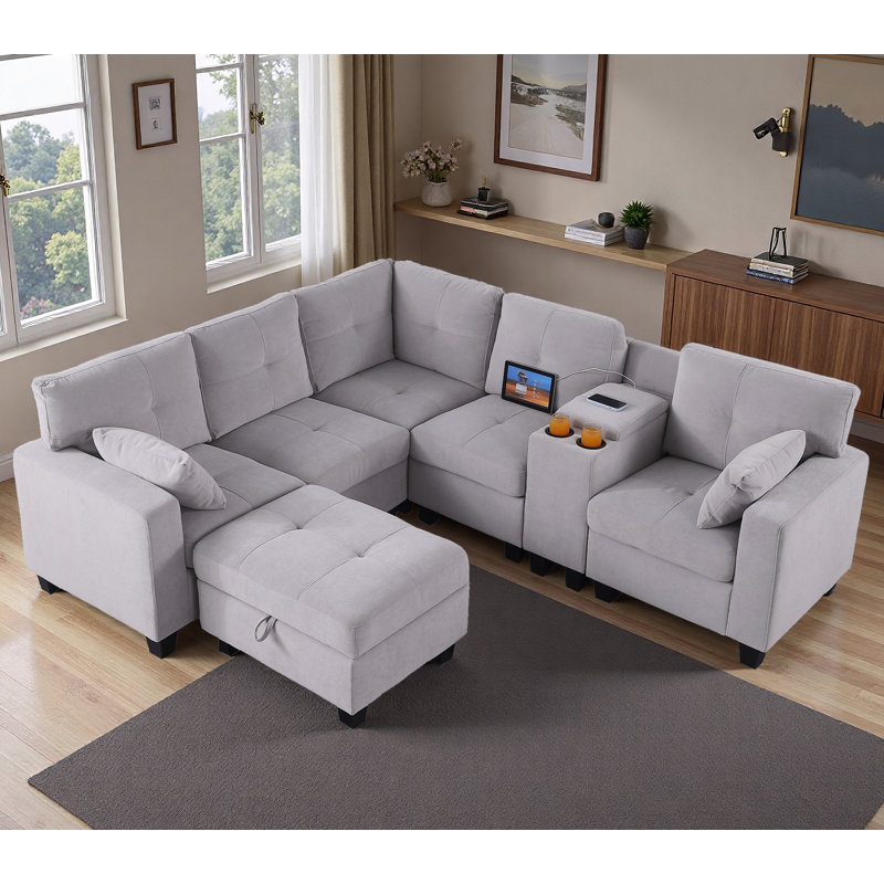 Upholstered Modern Modular Sectioanl Sofa With Ottoman, Light Gray Polyester Blend