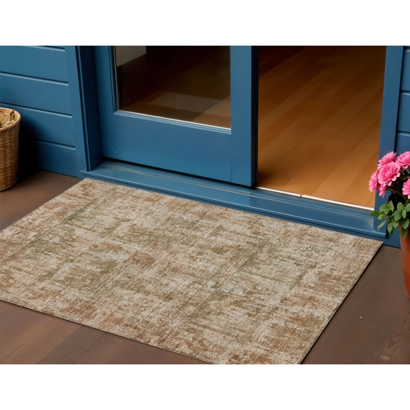 3' X 5' Beige And Copper Abstract Washable Indoor Outdoor Area Rug