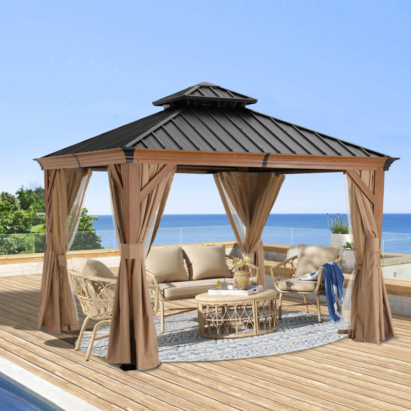 Aluminum Patio Gazebo Permanent Hardtop Gazebos, Woodgrain, 12 ft. x 10 ft.