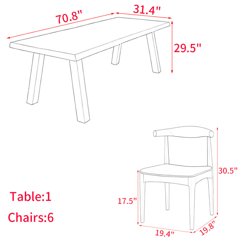 Ensemble de table de salle à manger en bois massif de style américain, H 29,5 po x L 70,8 po x l 31,4 po, 7