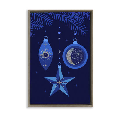 Blue Holiday Ornaments Framed Floater Canvas by Victoria Barnes