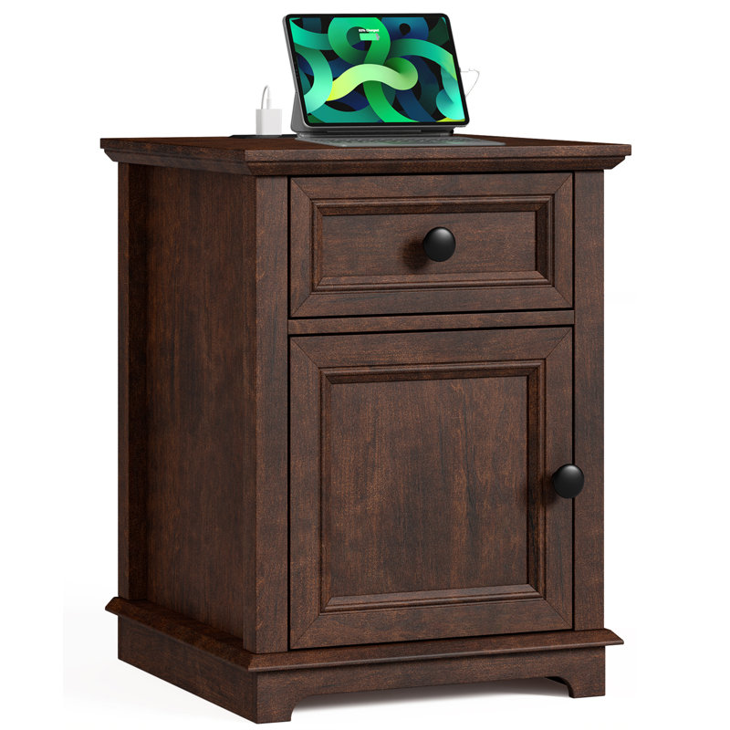 Vianet 24'' Tall End Table with Storage Drawer and Built-In Outlets, Cherry