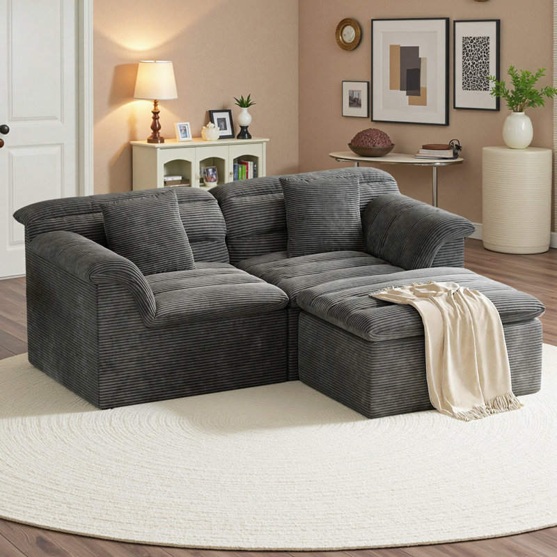 Boneless 81" L-Shaped Sofa with Ottoman, Boneless Cloud Couch for Living Room, Apartment, No Assembly Required, Dark Gray
