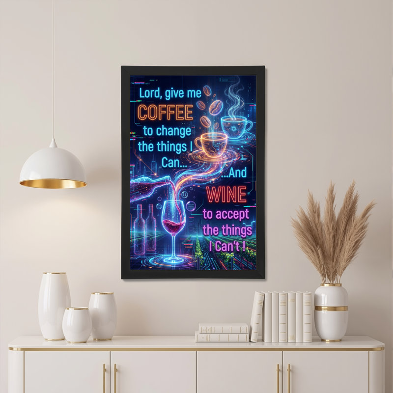 Ensemble d'une toile tendue avec citation néon sur le café et le vin, H 30 po x l 20 po