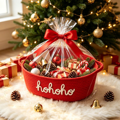 Red Cotton Rope Woven Christmas Gift Basket Embroidered Storage Basket with Red Satin Ribbon OPP BagFestive Holiday Gift Present Wrap Basket ForChristmas Home