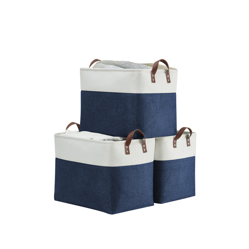 Bac de rangement pliable | Panier pliable en tissu robuste avec poignées, Bleu marine et blanc