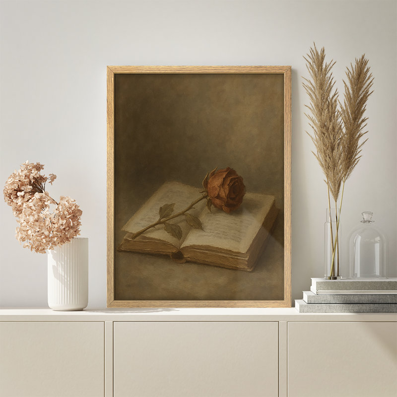 «Rose on Book», reproduction d'art encadrée rétro, nature morte avec rose et livre pour salon ou bureau confortable, Naturel