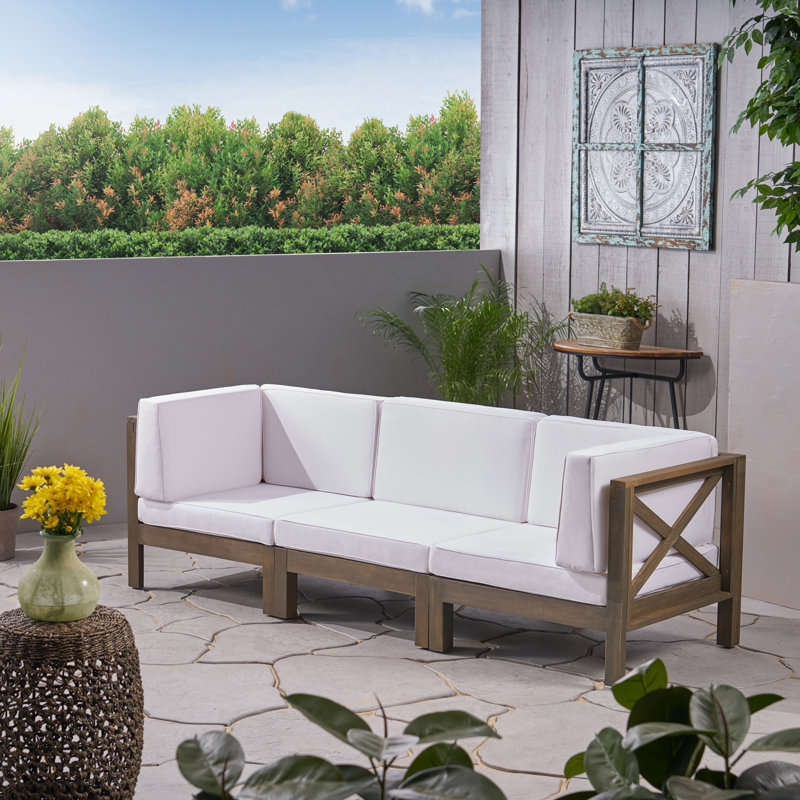 30.3'' Wide Wood Patio Sofa with Cushions, Gray Finish Frame / White Cushion