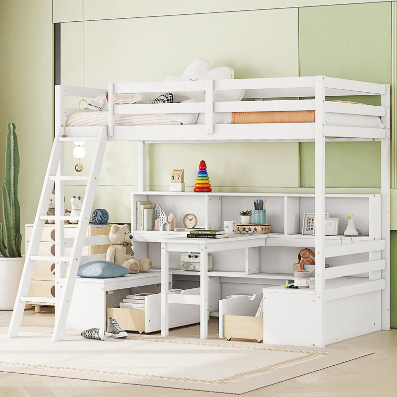 Lit mezzanine simple avec tablettes de rangement, tiroirs, siège et bureau, Blanc