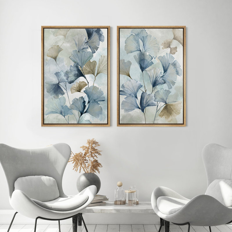 Blue Ginkgo Leaves Minimalist Abstract Botanical Modern - Framed Canvas Bedroom Wall Art Set 2 Print, Natural