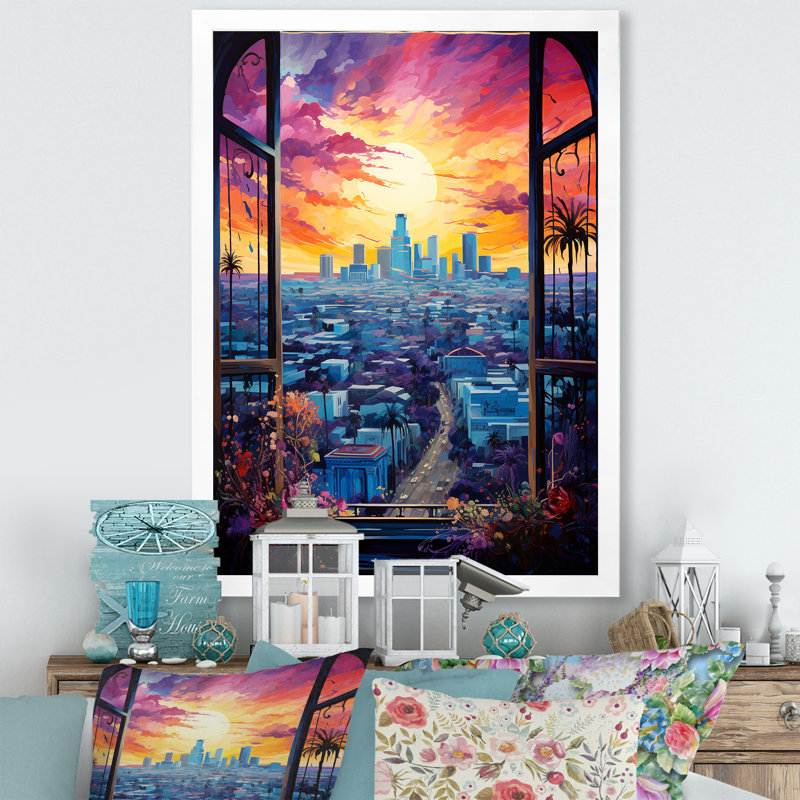 Los Angeles Window View 2 - art mural floral, Cadre simple blanc, H 32 po x l 24 po x P 1 po