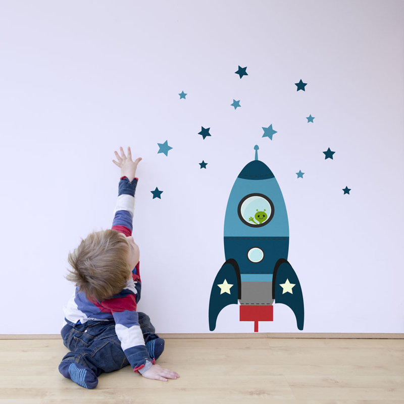 Blast Off Space Rocket Wall Sticker, 145cm H x 110cm W, Blue