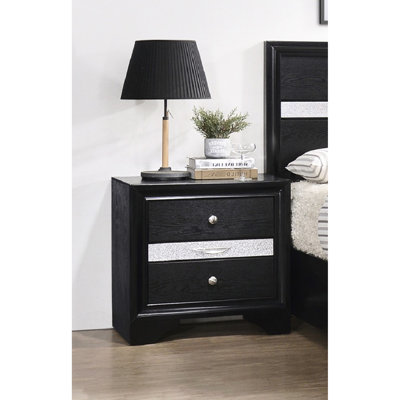 Solid Wood Bedroom Nightstand - Luxury, , 3 Drawers, Black, With Pullout Tray Drawers Modern, Wood, Glides And Jeweler