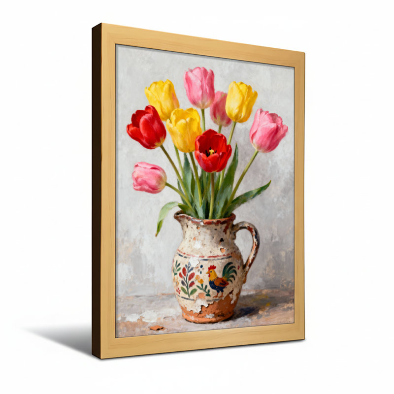 Plantes et fleurs tulipes dans un pot en céramique avec motif de coq, Toile tendue, Ne s’applique pas, H 24 po x l 16 po