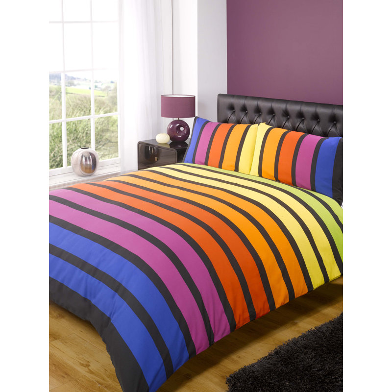 Striped Duvet Cover with Pillowcases Included, Yellow/Orange/Red, Kingsize Duvet Cover + 2 Standard Pillowcases