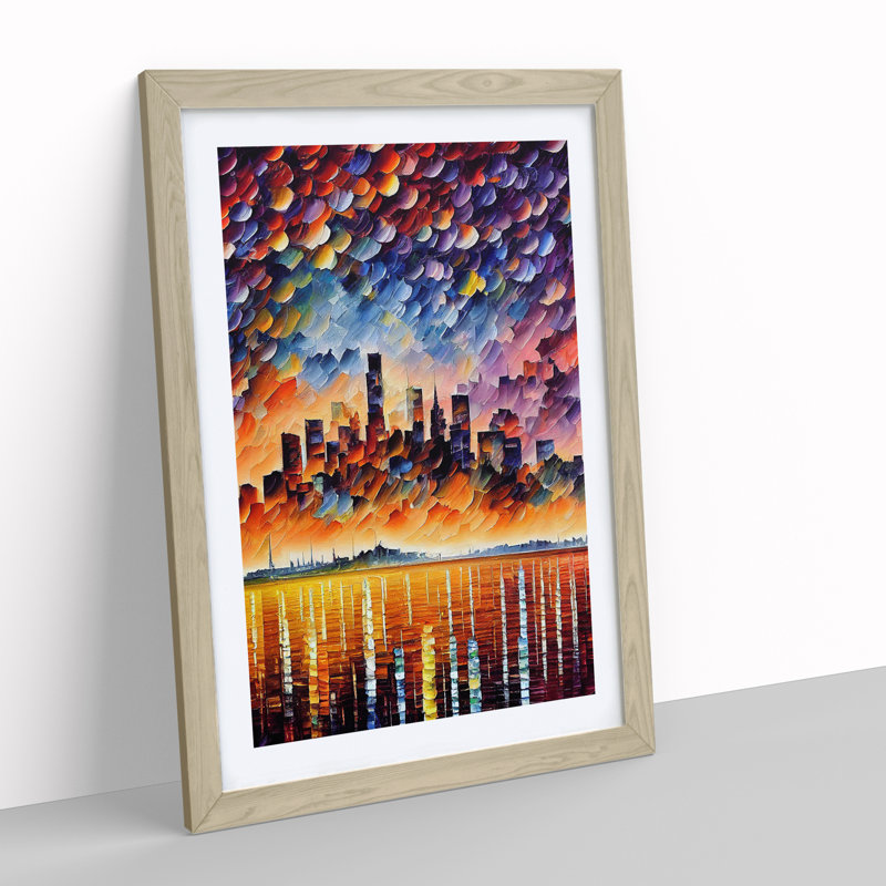 City Skyline At Sunset No.6 - Single Picture Frame Painting, 64cm H x 46cm W x 2cm D, Oak