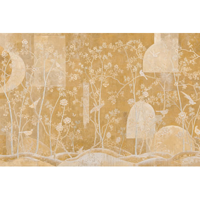 Papier peint botanique doré, branches florissantes, décoration murale d'inspiration asiatique