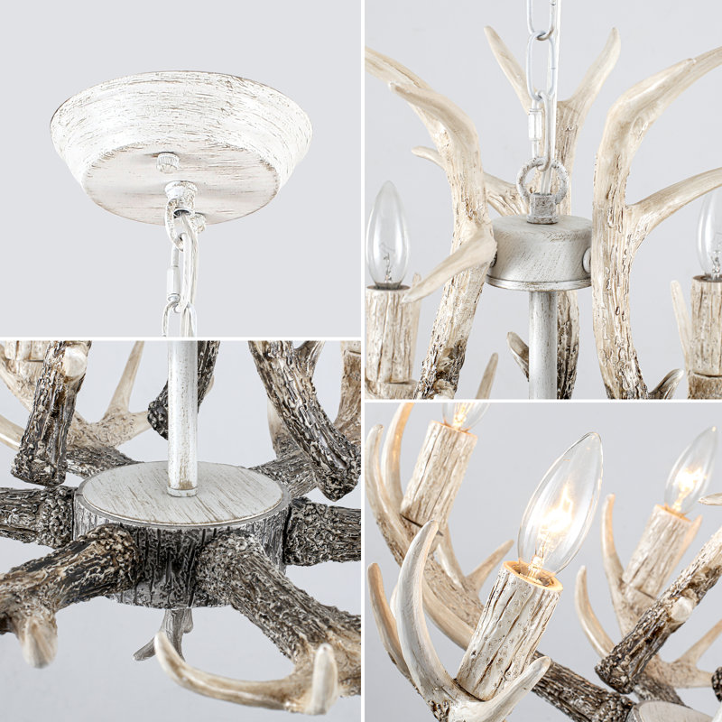 6 - Light 23.42" Dimmable Retro Countryside Resin Deer Horn Chandelier For Dining Room Kitchen Island Entryway Cafes Bar Area