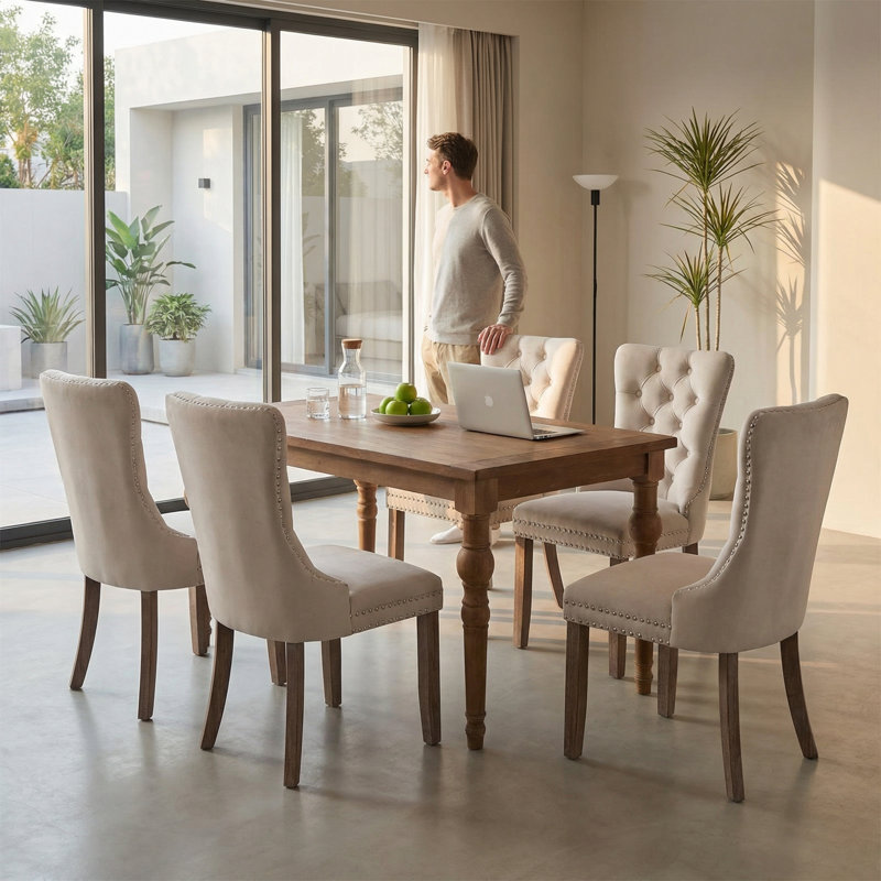 Modern Tufted Velvet Dining Chair with Nailhead Trim & Wood Legs (Set of 2), Beige, Beige