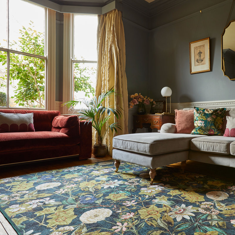 Clarke & Clarke Floral Digitally Printed 76cm X 150cm Area Rug, Blue, Rectangle 76 x 150 cm