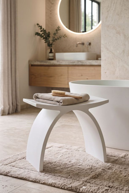 White curved modern shower stool with a folded beige towel and wooden brush on top in a bright, contemporary bathroom.