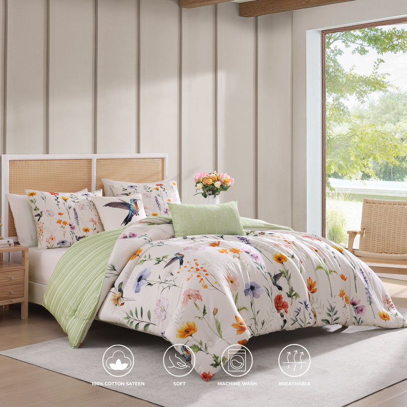 Bebejan Fresh Cut Flowers 100% Cotton Sateen 5 Piece Reversible Comforter set, Queen Comforter + 4 Additional Pieces