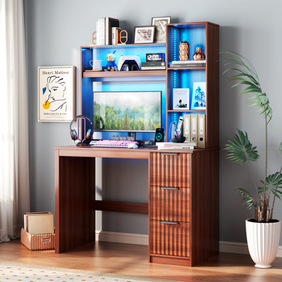 Computer Desk with 3 Drawers, LED Lighting, Charging Station & Bookshelf