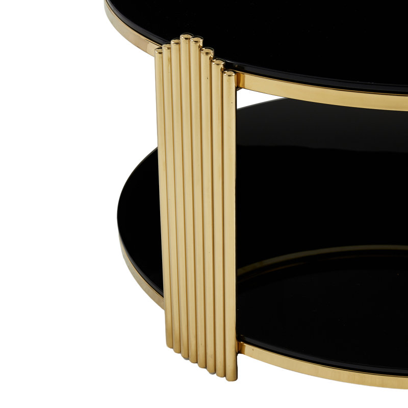 Table basse moderne de 35 pouces, table de salon en verre trempé noir à double couche et cadre en acier inoxydable doré, table ronde, assemblage facile.