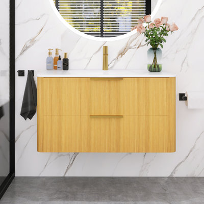 Modern Wall-Mounted Pinstriped Bathroom Vanity With Sink, 2-Drawer