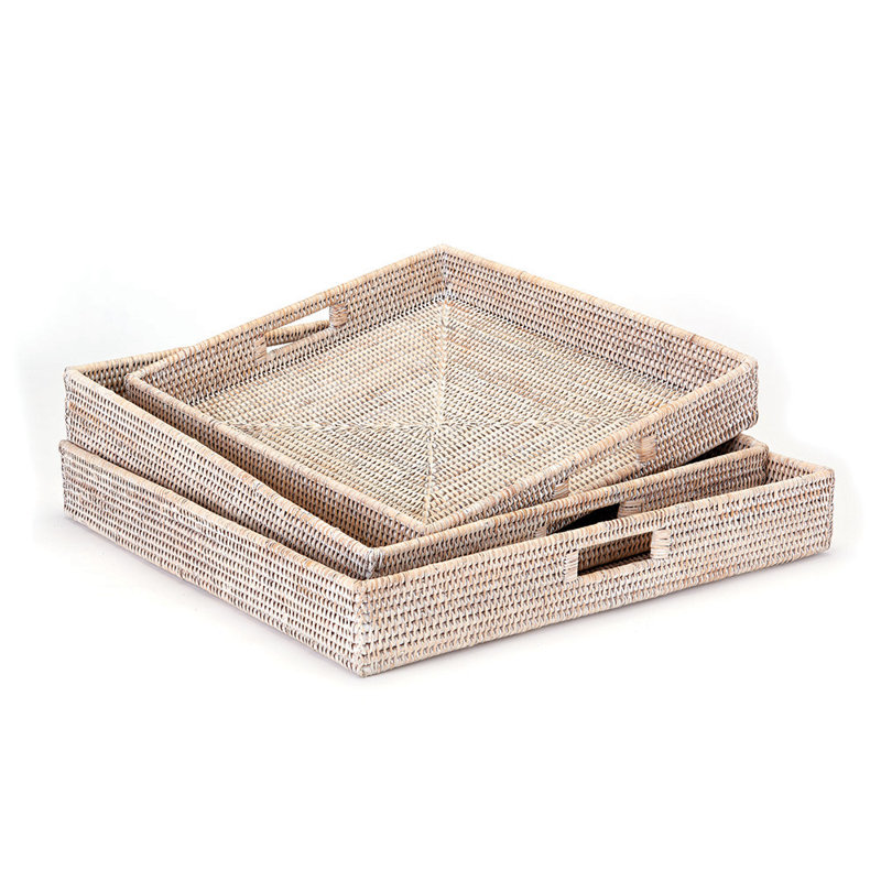 Burma Rattan 3 Piece Serving Tray Set, White