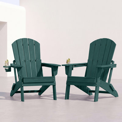 Ensemble de 2 chaises Adirondack pliantes, texture bois, porte-gobelet, PEHD toutes saisons