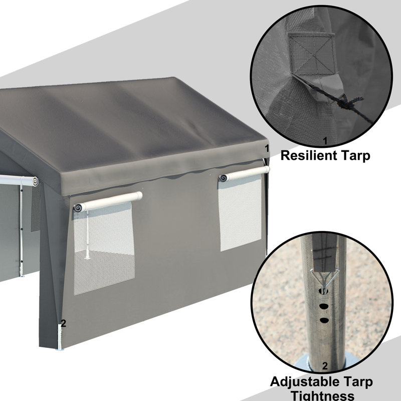 Galvanized Metal Carport Canopy 10X20 Ft - Waterproof, Removable Sidewalls, Stable Frame Heavy Duty Tear , Steel