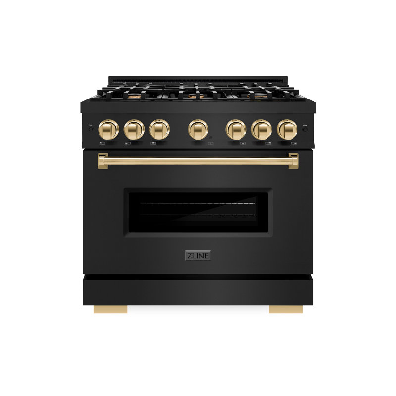 ZLINE Autograph Edition 36 in. 5.2 cu. ft. Classic Dual Fuel Range with 6 Burner Gas Cooktop and Electric Convection Oven in Black Stainless Steel with Accents