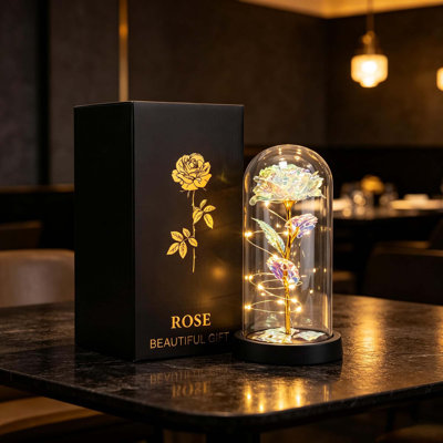 Rose éternelle en cristal Galaxy avec lumière DEL sous dôme, boîte-cadeau de fleur éternelle colorée pour un anniversaire, Noël, la Saint-Valentin ou toute autre occasion spéciale.