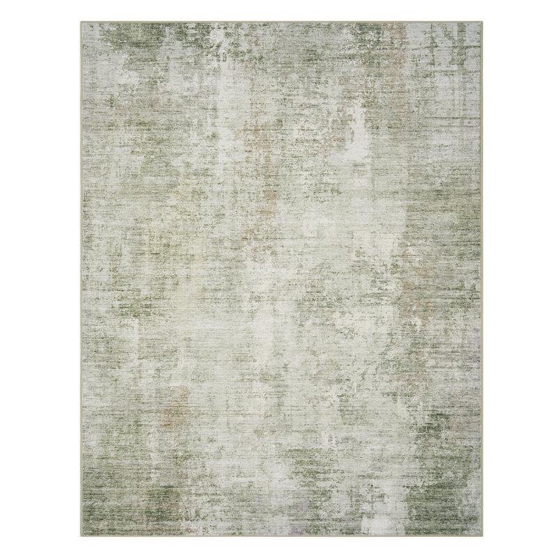 Distressed Modern Abstract Machine Washable Area Rug in Sage Green for Living Room or Bedroom, Rectangle 9' x 12'