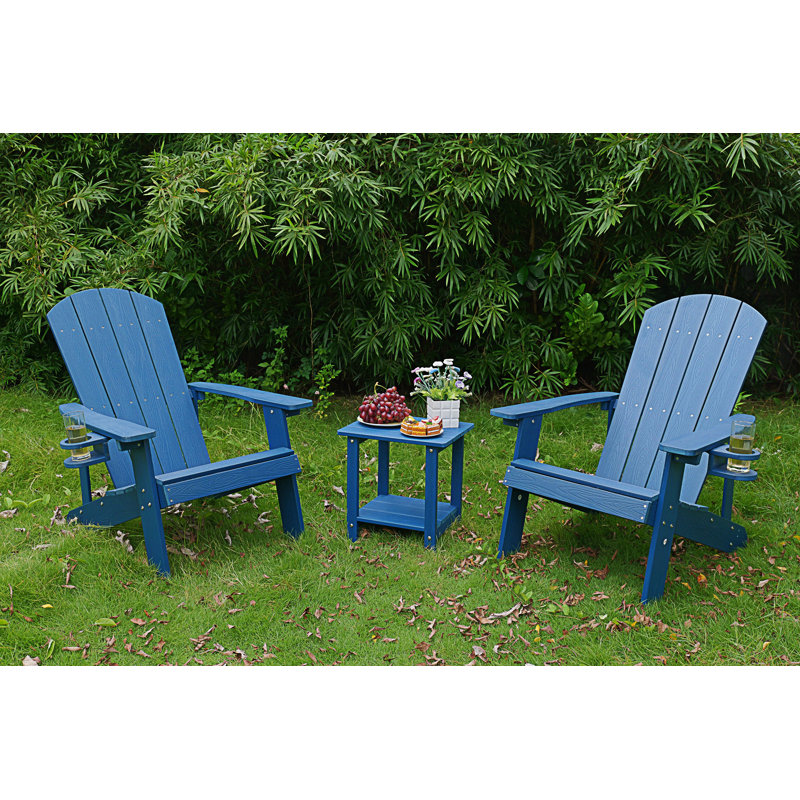 2-Piece Adirondack Chair, Outdoor Lounge Chair With Built-In Side Cup Holder, Navy Blue