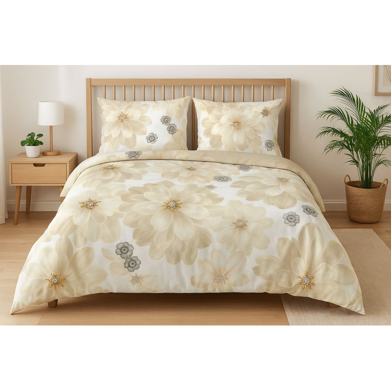 King Quilt Cover Set (3 Pieces), Cream, Beige & Grey | 70% Cotton / 30% Polyester, Duvet Cover: 102.4 x 86.6 inches, Pillowcases: 19.7 x 31.5 inches | Machine Washable, Elegant Design with Button Closure