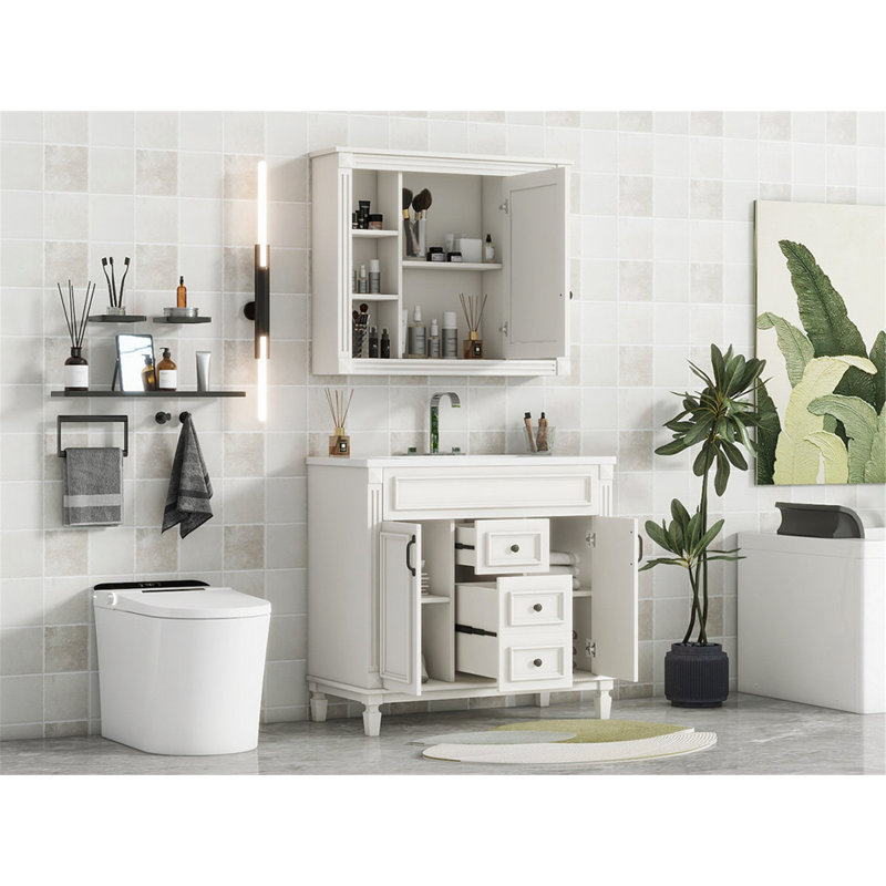 Meuble-lavabo de salle de bain avec lavabo supérieur, avec portes et tiroirs, lavabo simple, facile à nettoyer, Blanc