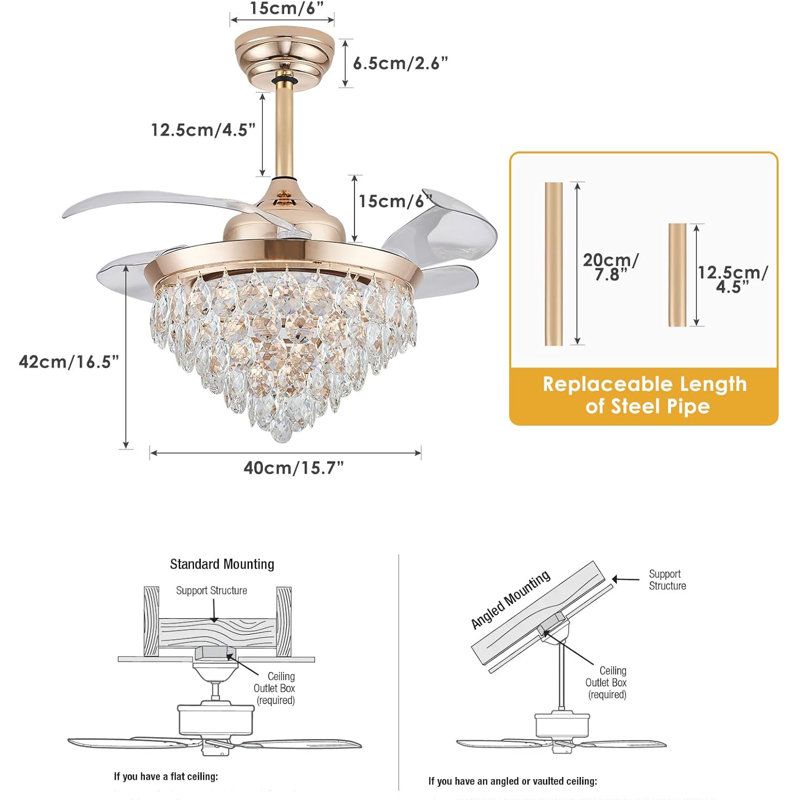 Ventilateur de plafond moderne en cristal 36 "avec lumières et télécommande Fandelier à DEL encastré à intensité variable avec fonction mémoire
