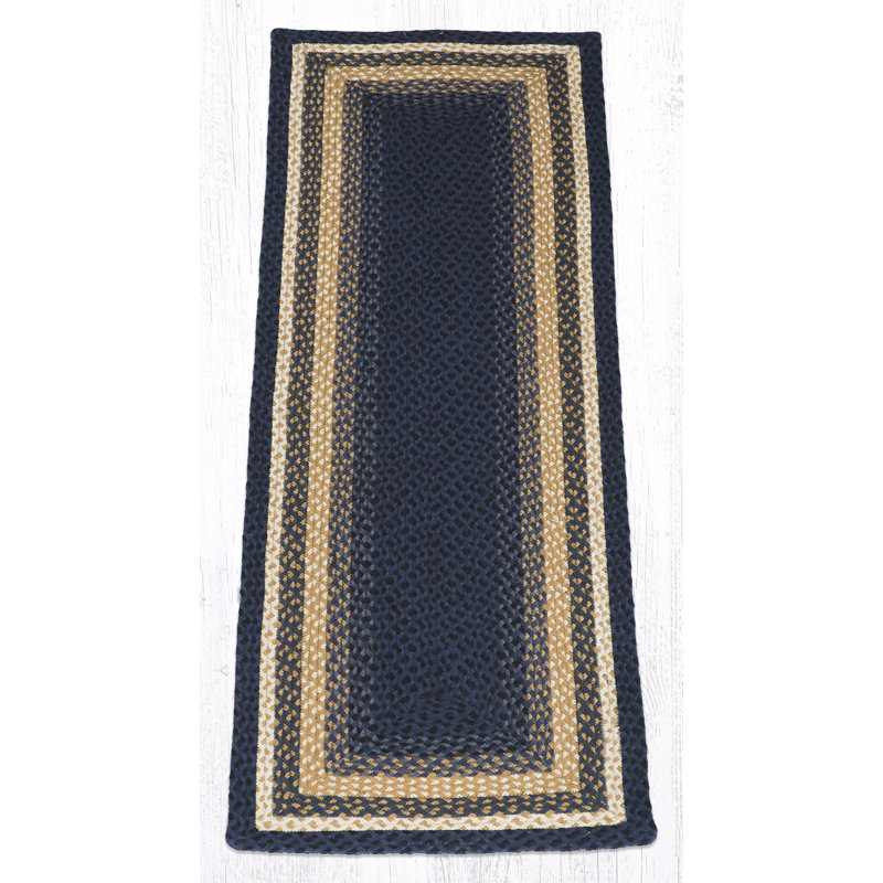  Light Blue, Dark Blue & Mustard Oblong Braided Rug – Handcrafted Quality, Runner 2' x 6'