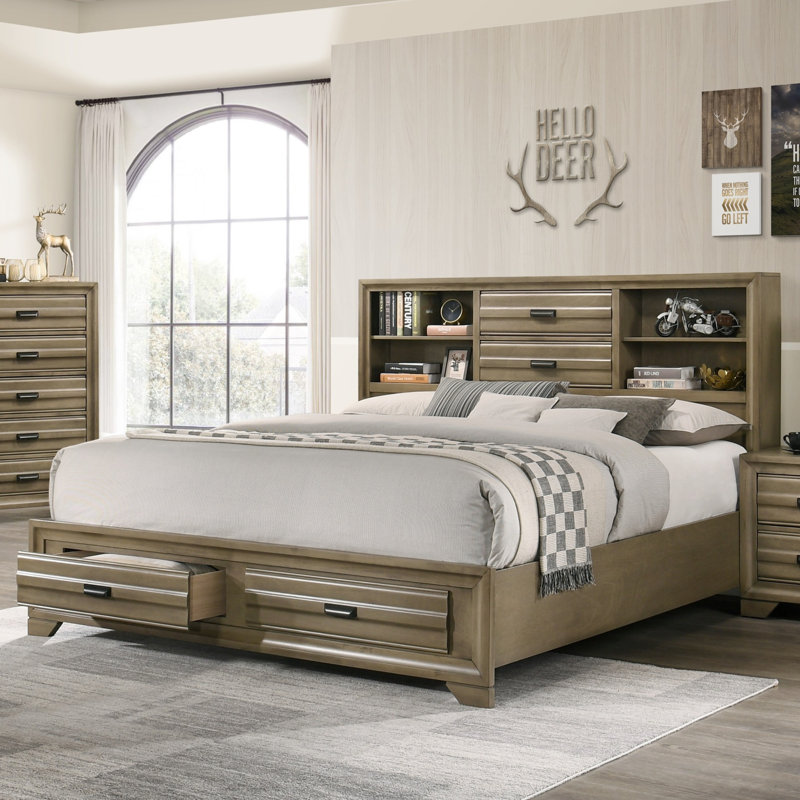 Cloe Solid Wood Bookcase Bed with Drawers, Queen