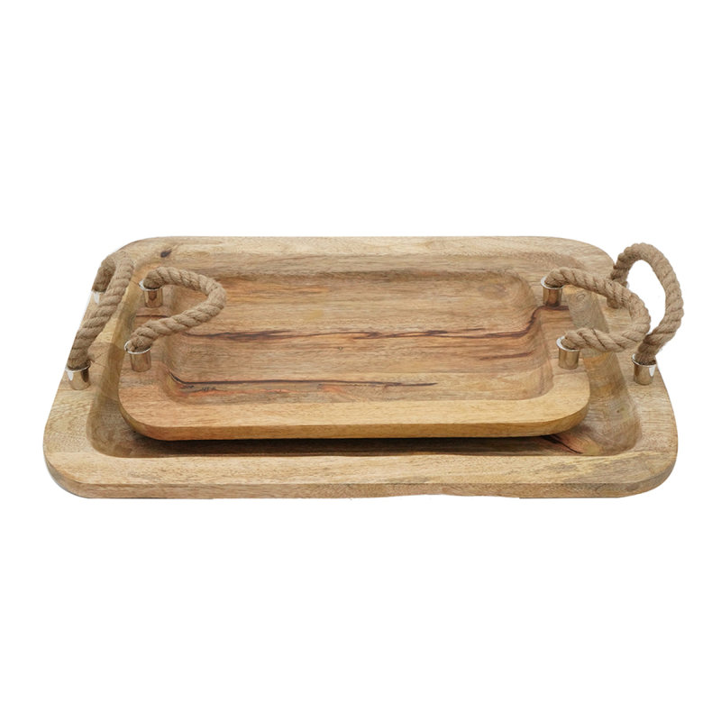 Plateaux en bois S / 2 Tabari avec poignée en jute