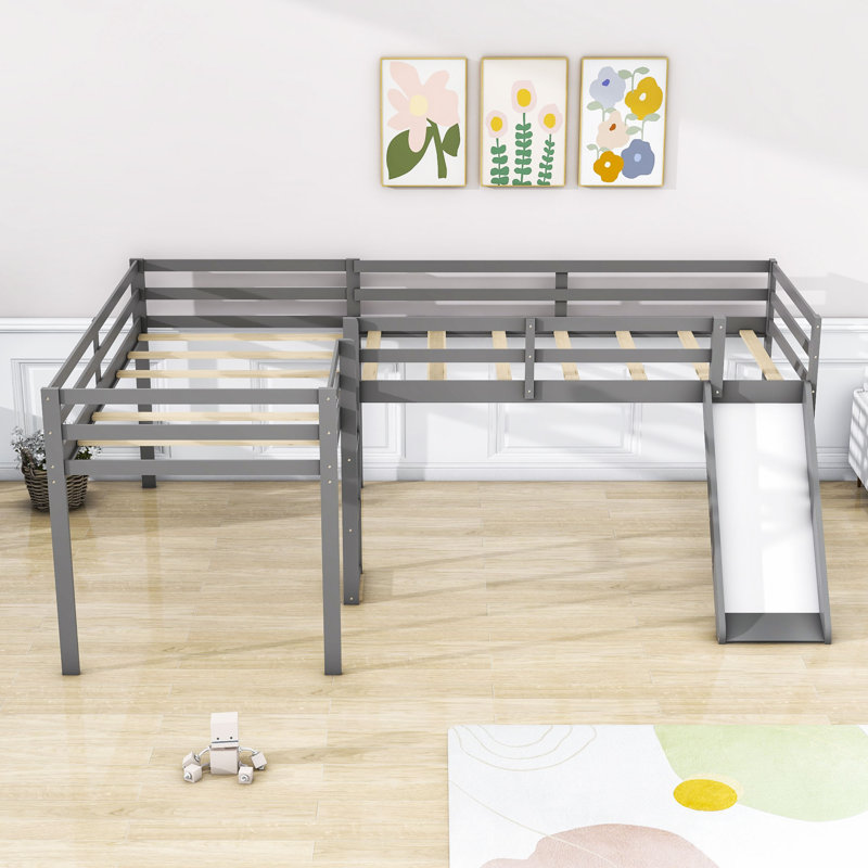 Esteri Twin Size L-Shaped Loft Bed, Wood Loft Bed with Slide, White