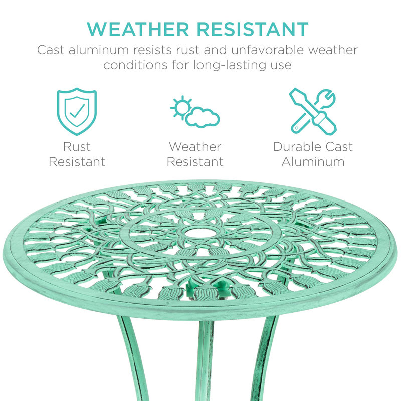 Teal Cast Aluminum Outdoor Bistro Set with Floral Design