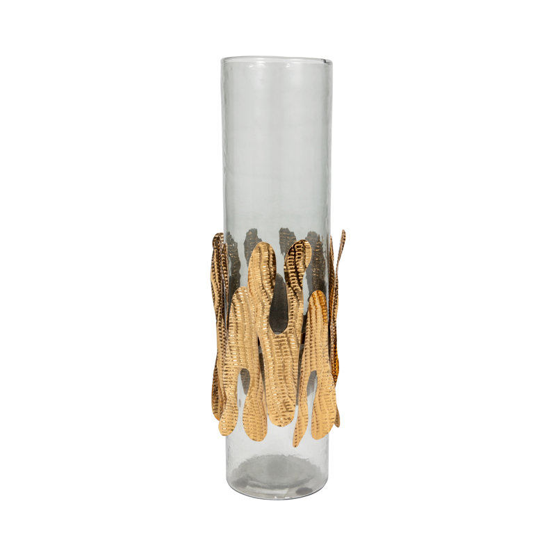 Glass and Metal Pillar Holder with Sculptural Leaf Detail and Cylindrical Body, 20" H x 6" W x 6" D