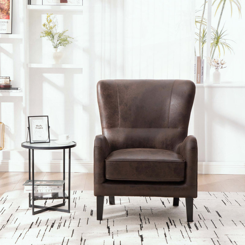 Retro Wingback PU Accent Chair – Solid Wood Legs – Brown