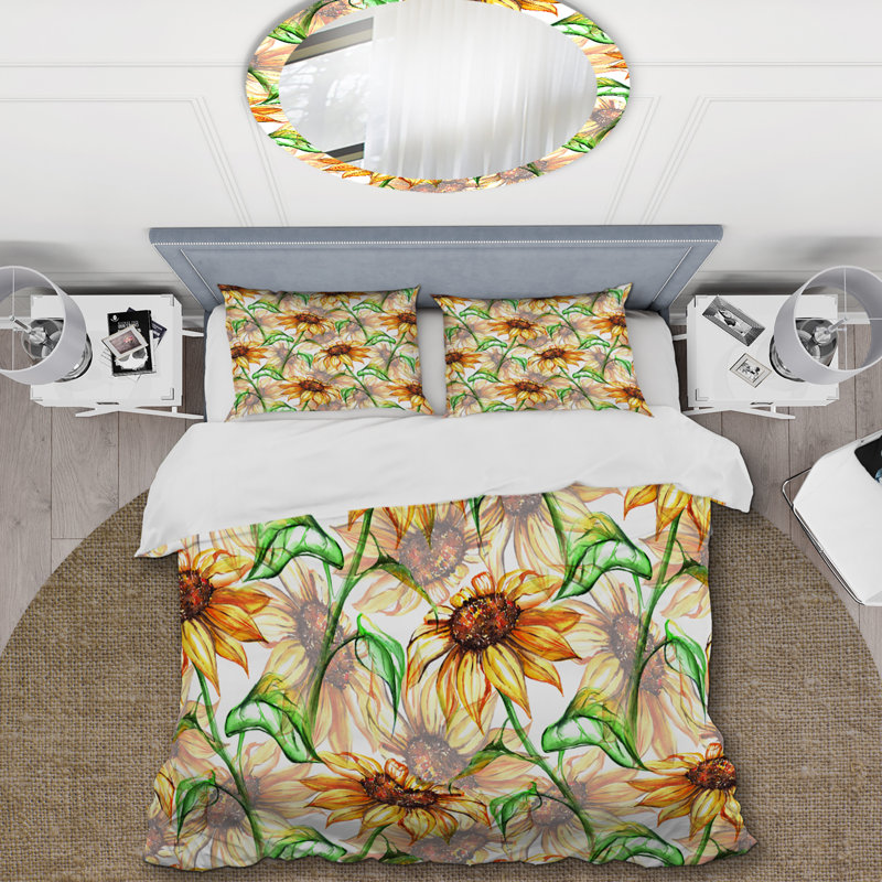 Ensemble de housse de couette jaune en tournesol vert / jaune en microfibre, Housse de couette pour très grand lit et 2 très