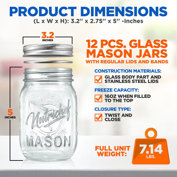 16Oz Glass Jars with Regular Lids, Mason Jar with Airtight Lids, Clear Glass  Jar